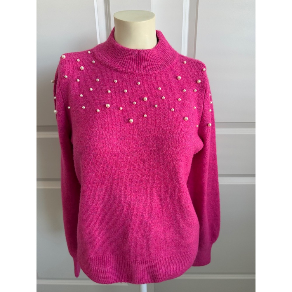 CeCe Pink Pearl Embellished Mock Neck Sweater Hot Pink Long Sleeve Small